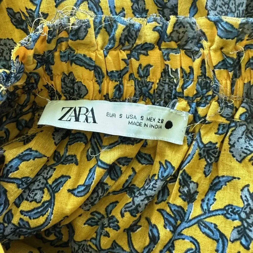 Zara Midi Skirt Sz S Floral Flowy Cotton Mustard Yellow India Boho Unlined